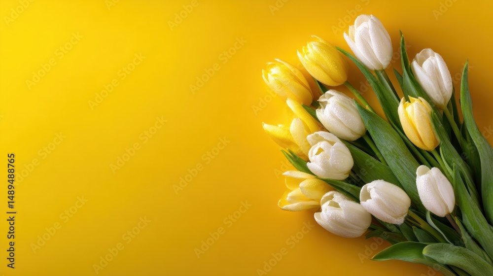 Fototapeta premium Spring bouquet of yellow and white tulips on a bright yellow background (2)
