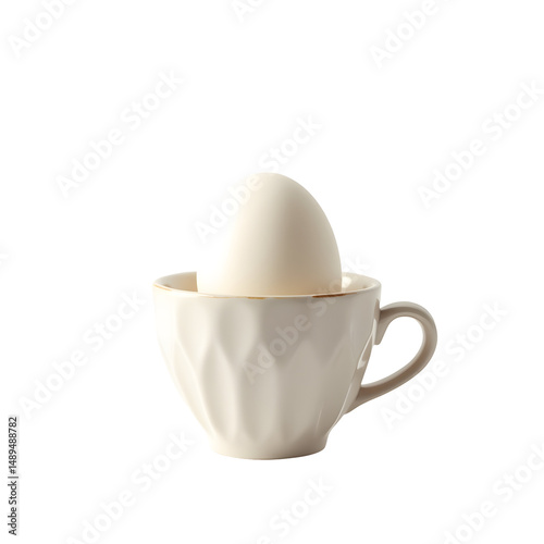 Photorealistic image showcasing a single white egg perched delicately within a vintage off-white cup with handle