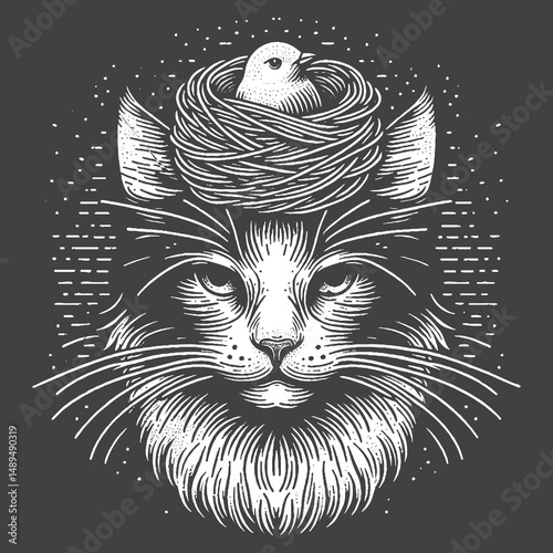 Rustic Cat Drawing – Vintage Whimsical Pet Vector Artwork for Playful Apparel, Posters, and T-Shirt Designs on Dark Background