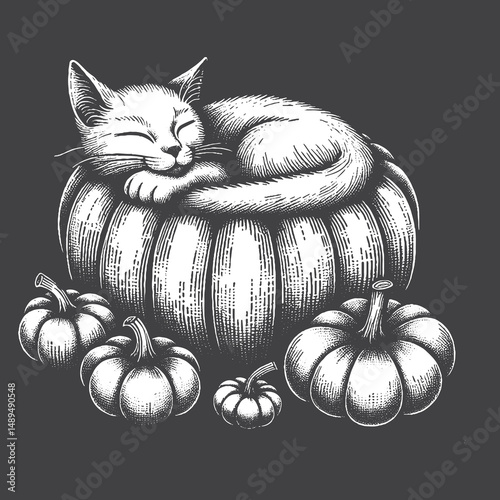 Rustic Cat Drawing – Vintage Autumn Pet Vector Artwork for Seasonal Apparel, Posters, and T-Shirt Designs on Dark Background