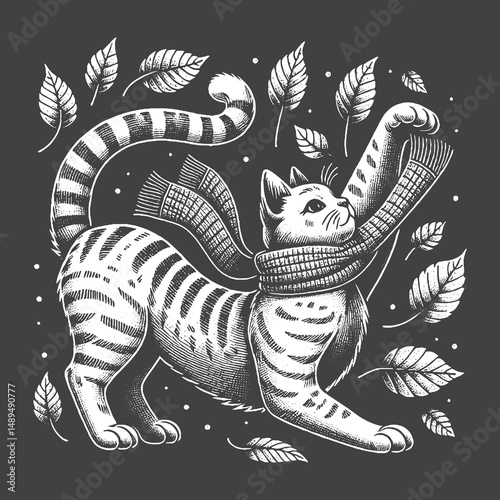Rustic Cat Drawing – Vintage Autumn Pet Vector Artwork for Cozy Apparel, Posters, and T-Shirt Designs on Dark Background
