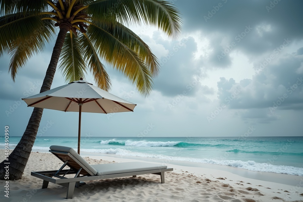 Obraz premium Beach lounger under an umbrella next to a palm tree and ocean waves under a sky with dark clouds