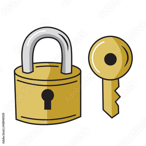 Vector key and lock isolated on white background. Closed and open lock with key. Stock vector illustration.
