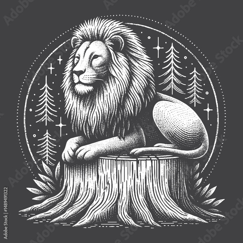 Rustic Lion Sitting Like a King on Tree Stump Drawing – Vintage Regal Wildlife Animal Vector Artwork for Safari Apparel, Posters, and T-Shirt Designs on Dark Background
