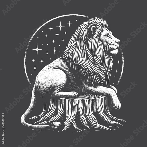 Rustic Lion Sitting Like a King on Tree Stump Drawing – Vintage Regal Wildlife Animal Vector Artwork for Safari Apparel, Posters, and T-Shirt Designs on Dark Background