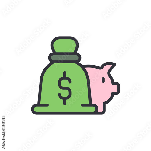 Illustrative Green Sack Of Money With A Piggy Bank Behind It
