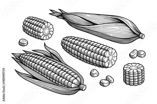 Detailed Engraving Illustration of Corn on the Cob Set
