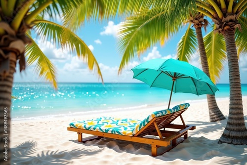 Tropical beach lounge chair under turquoise umbrella by the sea  