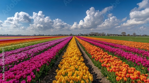 Vibrant tulip fields stretching to the horizon under a vibrant sky