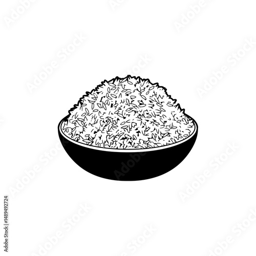 Cooked rice fills bowl in monochrome still life simplicity