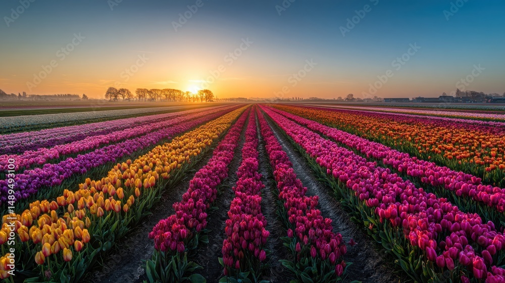 Fototapeta premium Colorful tulip fields at sunrise