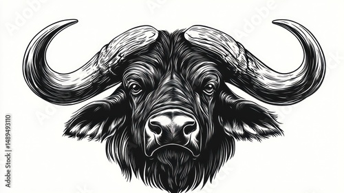 Detailed buffalo head drawing. Powerful animal portrait