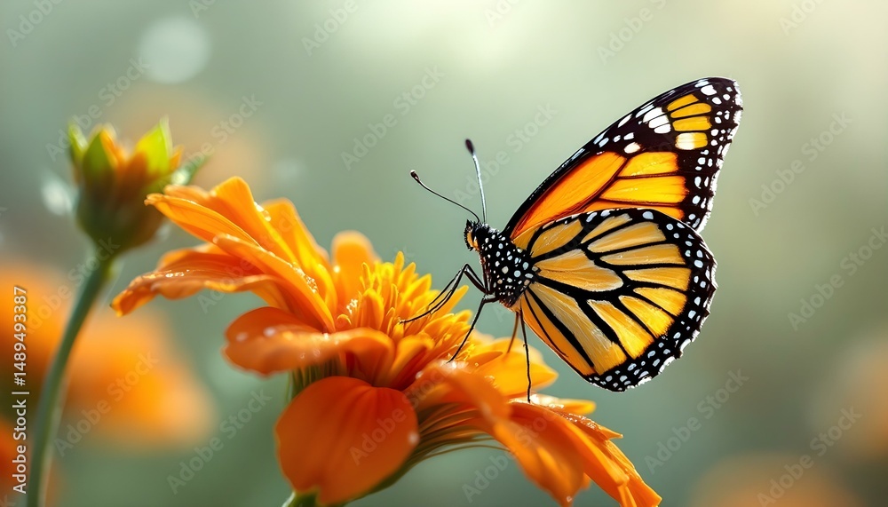 Fototapeta premium Macro shot of a butterfly resting on a bright flower, vivid and sharp details .