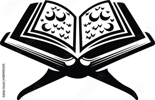 Modern and stylish open Quran with elegant Arabic calligraphy vector illustration, open Quran with elegant Arabic calligraphy silhouette and line art vector graphics design