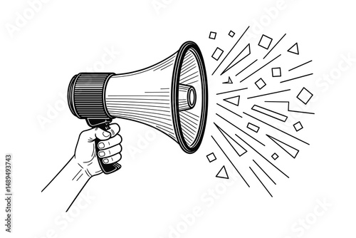 Illustration of a hand holding a megaphone, announcing or spreading information