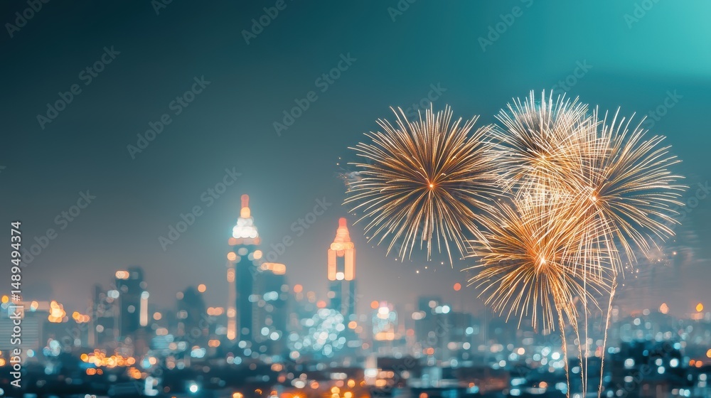 Obraz premium Golden fireworks light up night sky over vibrant cityscape, creating festive and celebratory atmosphere