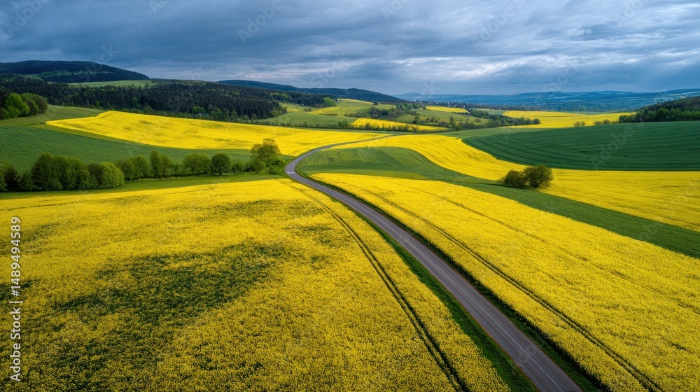 Obraz premium Winding road through vibrant yellow rapeseed fields, with rolling hills and forests in the background