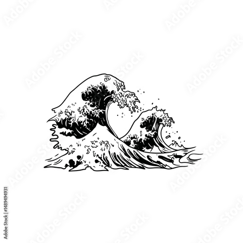 Ocean waves crash dynamically on bright white backdrop outline