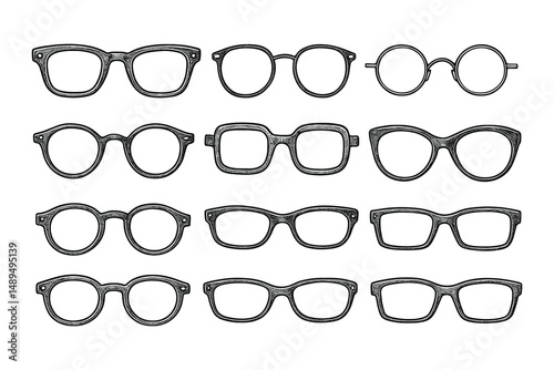 Variety of Stylish Eyeglasses Sketches: Hand-Drawn Spectacles Collection in Detailed Style