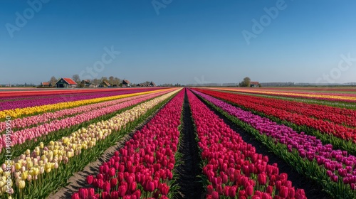 Vibrant tulip fields stretching to the horizon under a clear sky