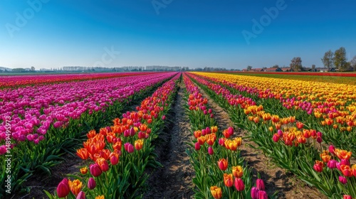 Vibrant tulip field stretching under a clear sky