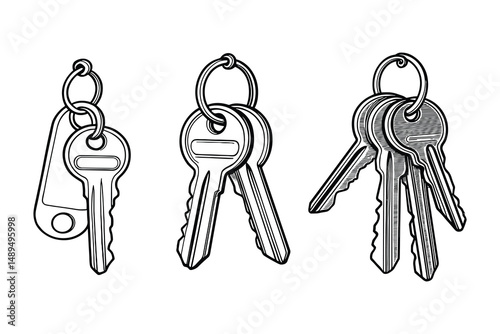 Collection of Key Rings, Metal Keys Isolated on White Background