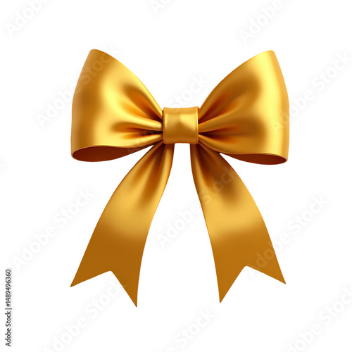 A shiny golden bow with a knot in the center and ribbon tails against  for decoration isolated on transparent backgruond