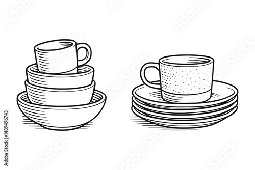 Neat Stack of Dishes and Mugs: Artistic Engraving Kitchenware