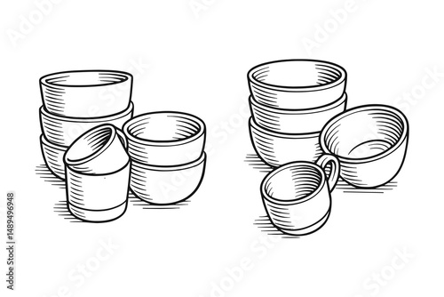 Collection of ceramic bowls and mugs, kitchen utensils