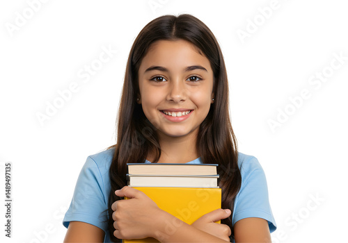 Smiling Girl Holding Books on Transparent Background