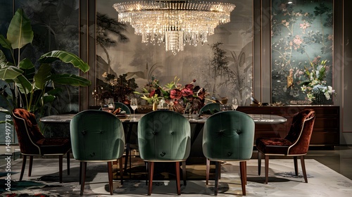 Elegant Dining Room with Luxurious Marble Table and Velvet Chairs