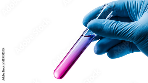 Gloved Hand Holding Test Tube with Pink and Purple Liquid, PNG