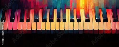 Close-up of a colorful piano keyboard with vibrant gradients of warm and cool tones creating an artistic and lively visual effect