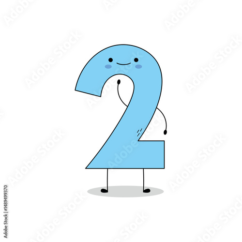 Cute number two 2 cartoon character waving hand hi doodle