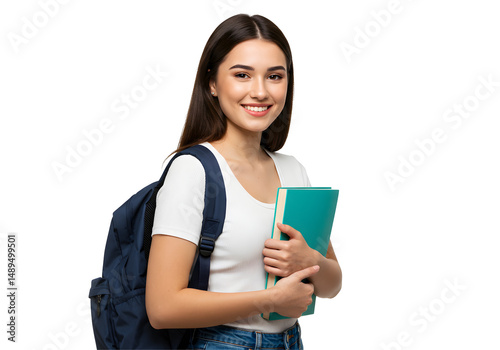 Smiling Student Holding Book with Backpack Isolated on Black