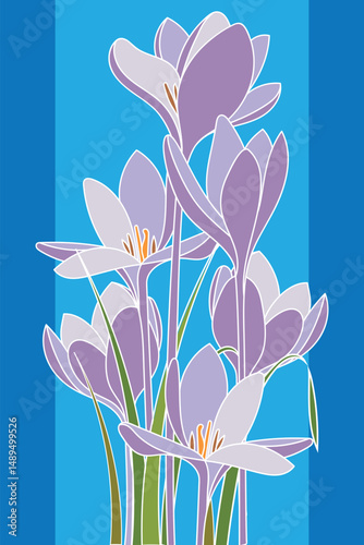 Abstract of Crocus sativus flower with leaf on blue background.