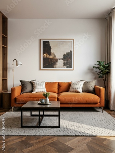 A living room with orange couch and large painting of canal scene on wall.