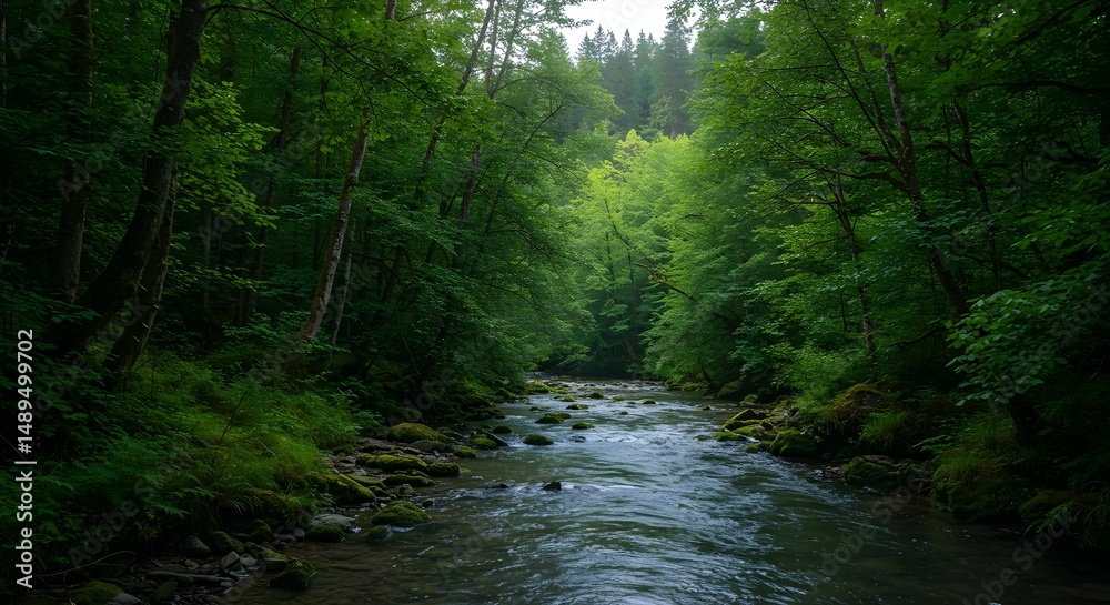 Fototapeta premium Peaceful Running Stream Through Lush Green Forest Landscape