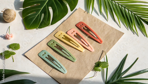 Pastel Hair Clips on a Brown Surface Surrounded by Plants