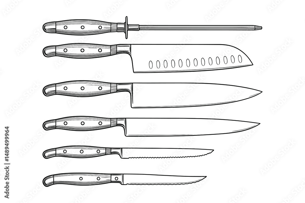 Detailed Sketch of Kitchen Knife Set: Butcher, Chef, Slicer, Utility, Boning, Paring