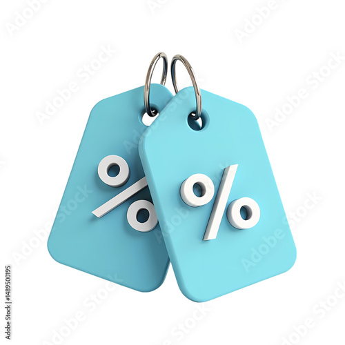 Two light blue tags with white percentage signs hanging from metal rings  isolated on transparent backgruond