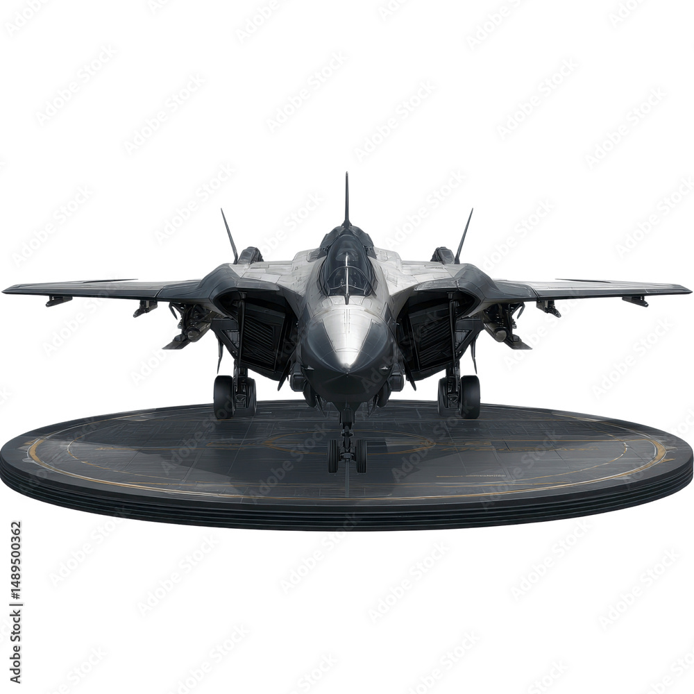 Fototapeta premium Futuristic Stealth Fighter Jet on Display Platform - Front View