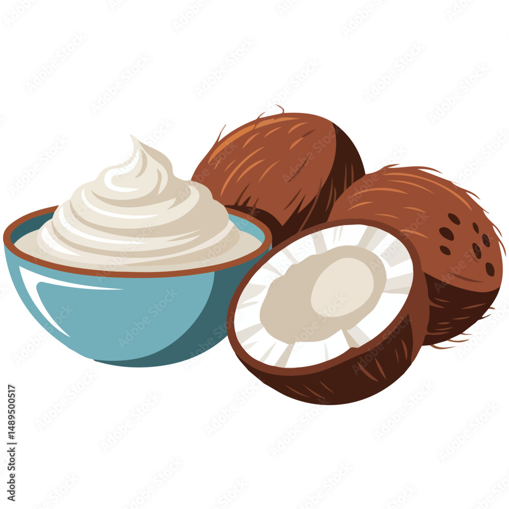 Fototapeta premium Organic coconut flour in ceramic bowl healthy food isolated vector illustration on white background