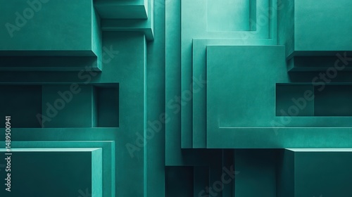Abstract geometric architectural design with layered teal rectangular blocks creating a sense of depth and calm symmetry