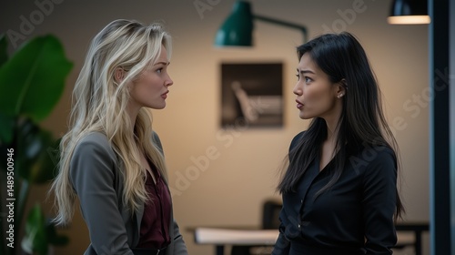 Two businesswomen are having a heated argument in an office