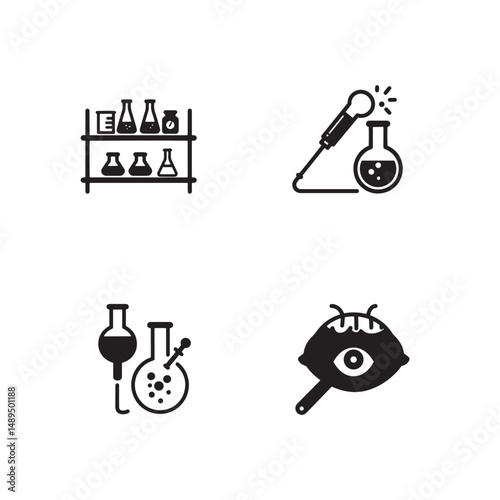 Science laboratory icons set featuring beakers test tubes microscopes chemistry flasks equipment tools ideal for education

