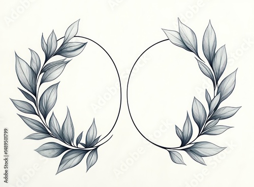 Two delicate oval floral wreaths composed of detailed pencil-drawn leaves with fine shading on a plain white background, evoking elegance and simplicity
