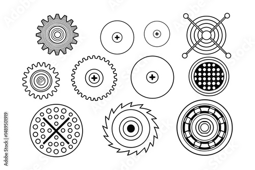 Mechanical Parts Outline: Set of Industrial Components, Sprockets, and Circular Mechanisms