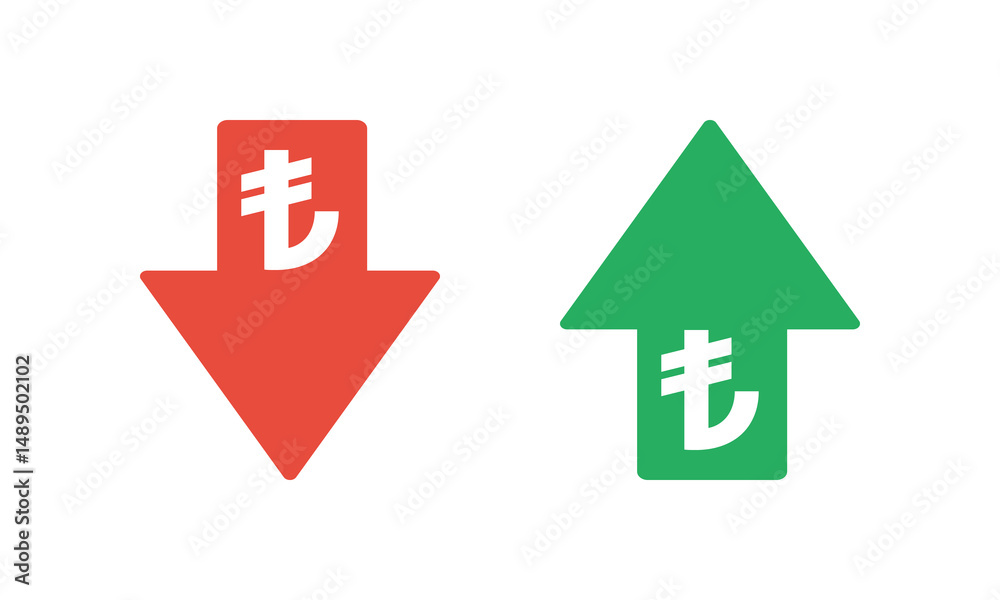 turkish lira sign with green up and red down arrows, tax or inflation indicator, price or income vector icon turkish lira sign with green up and red down arrows, tax or inflation indicator, price or income vector icon