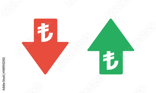 turkish lira sign with green up and red down arrows, tax or inflation indicator, price or income vector icon